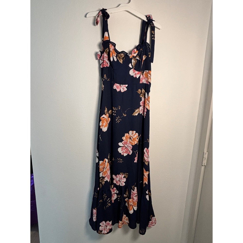 Lulus Navy Blue Floral Maxi Dress Tie Strap Ruffle Hem Slit Smocked Back Medium